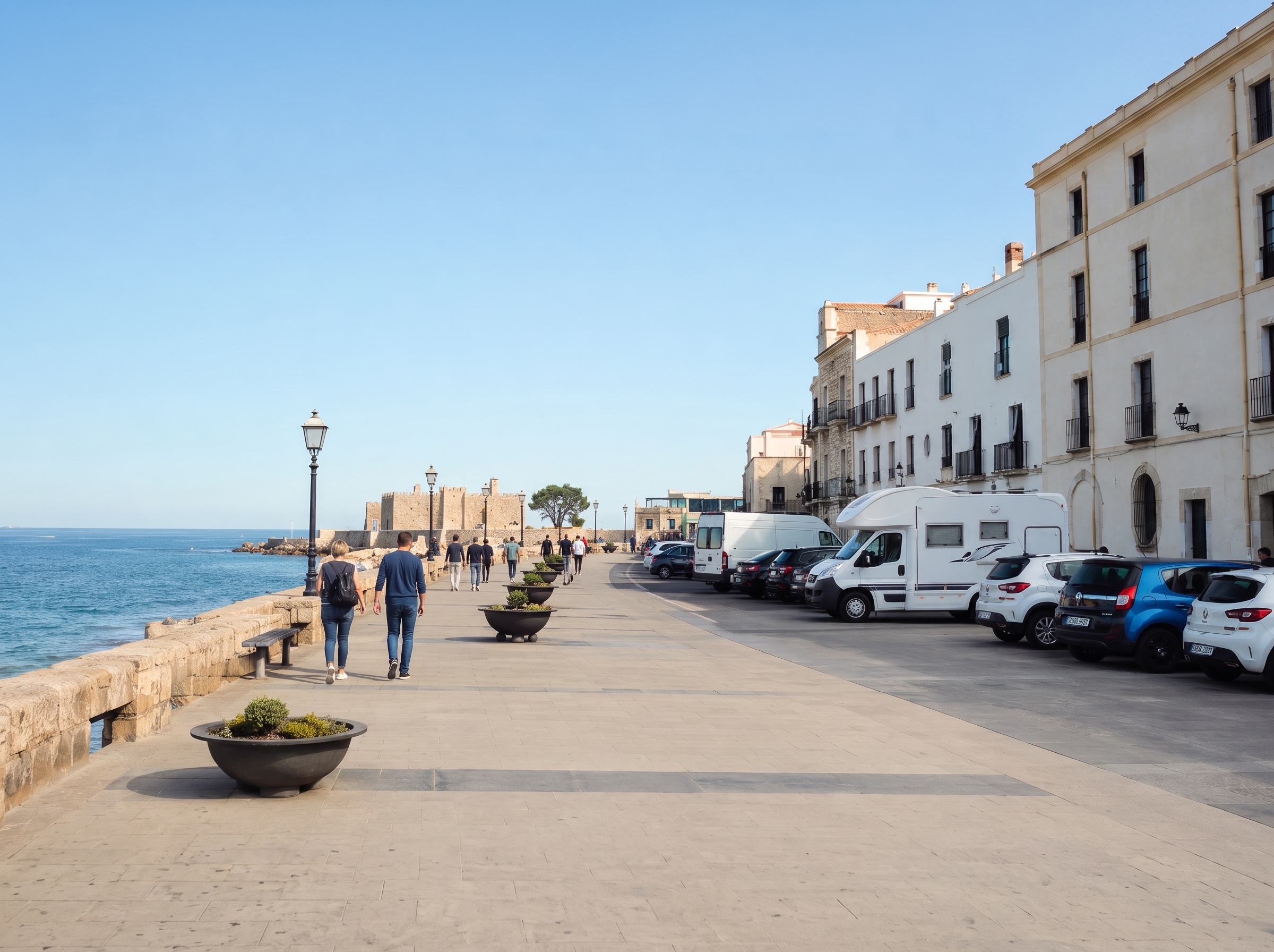 Paseo marítimo de un municipio costero español, con una autocaravana aparcada de forma ordenada junto a otros vehículos mientras varias personas pasean.